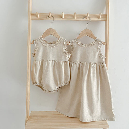 MyKids-USA® Girls Solid Color Simple Ruffle Neck Sleeveless bodysuit And Girls’ Dress – Princess Sister Matching Set