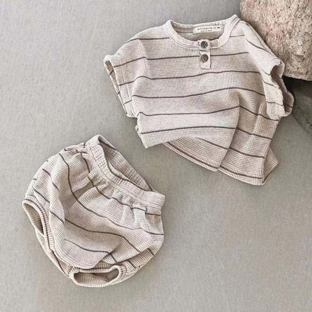 MyKids-USA® Baby Kids Unisex Striped Short Sleeves Waffle Grid Top And Shorts Casual Clothing Set