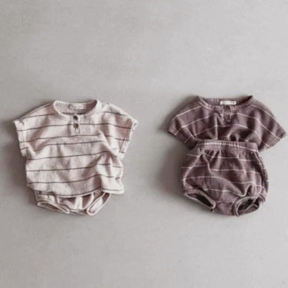 MyKids-USA® Baby Kids Unisex Striped Short Sleeves Waffle Grid Top And Shorts Casual Clothing Set