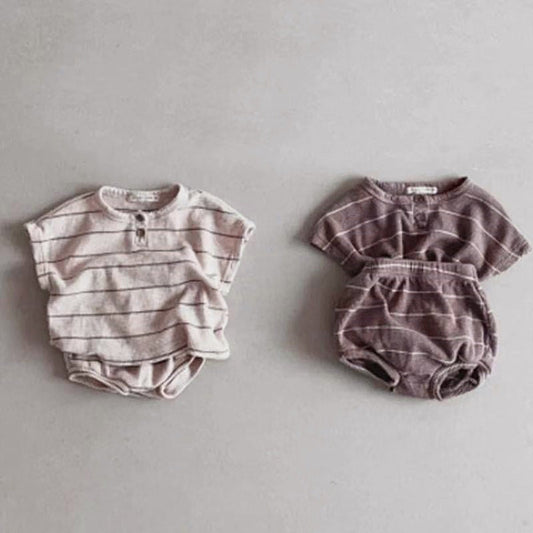 MyKids-USA® Baby Kids Unisex Striped Short Sleeves Waffle Grid Top And Shorts Casual Clothing Set