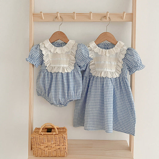 MyKids-USA® Girls Blue Plaid Noble Crew Neck Short Sleeves bodysuit And Dress – Princess Sister Matching Set