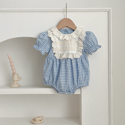 MyKids-USA® Girls Blue Plaid Noble Crew Neck Short Sleeves bodysuit And Dress – Princess Sister Matching Set