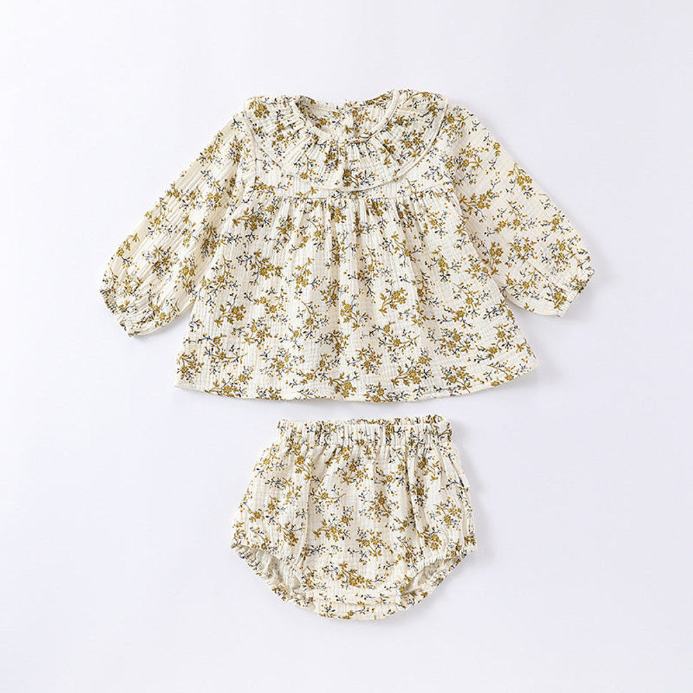 MyKids-USA® Baby Girls Floral Printing Long Sleeves Ruffle Collar Top Shirt And Shorts Clothing Sets