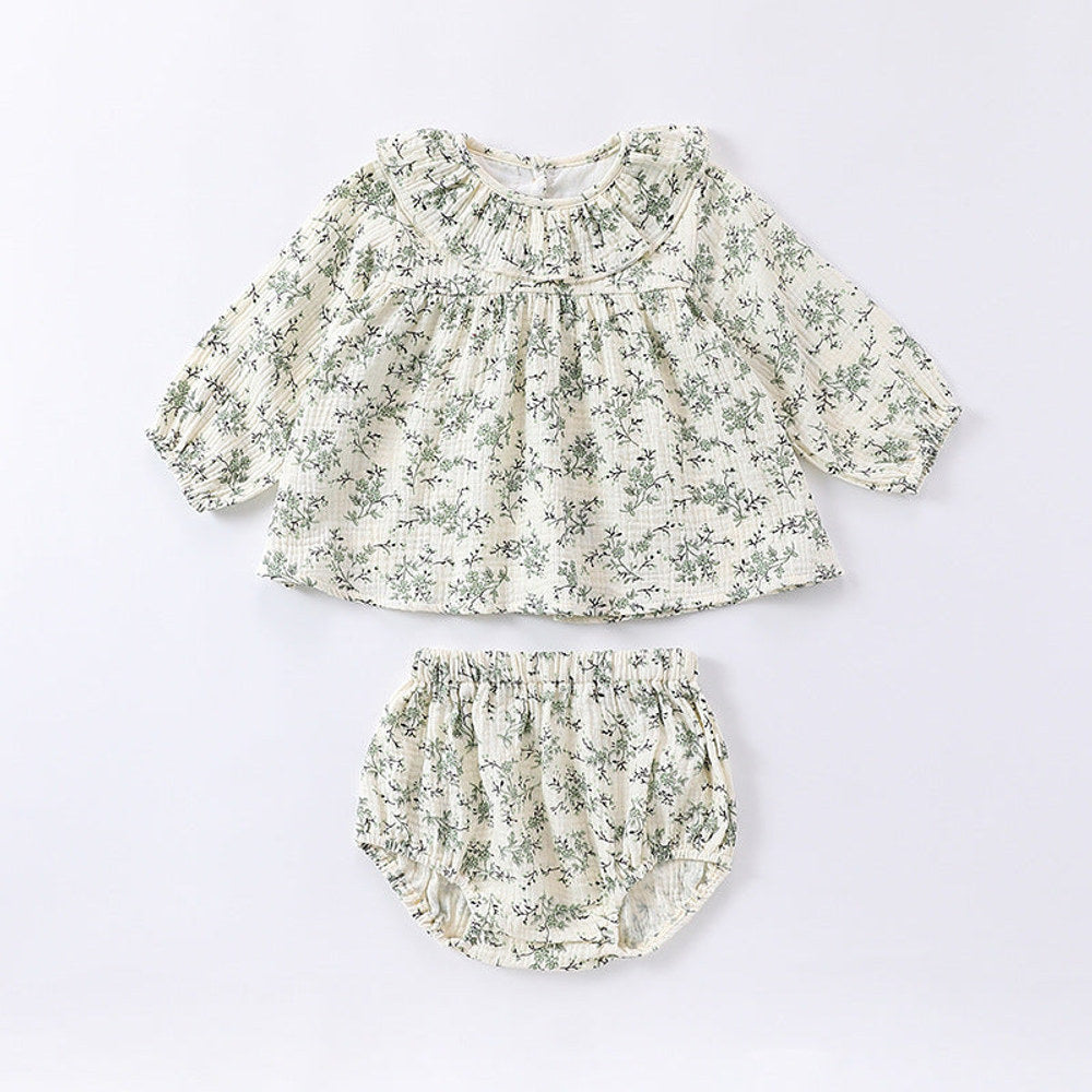 MyKids-USA® Baby Girls Floral Printing Long Sleeves Ruffle Collar Top Shirt And Shorts Clothing Sets