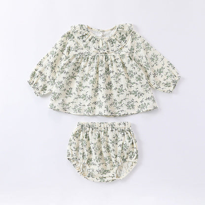 MyKids-USA® Baby Girls Floral Printing Long Sleeves Ruffle Collar Top Shirt And Shorts Clothing Sets