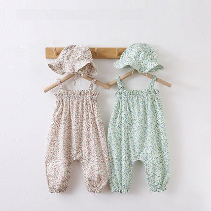 MyKids-USA® Baby Girls Floral Printing Sleeveless Strap Romper And Hat Clothing Sets