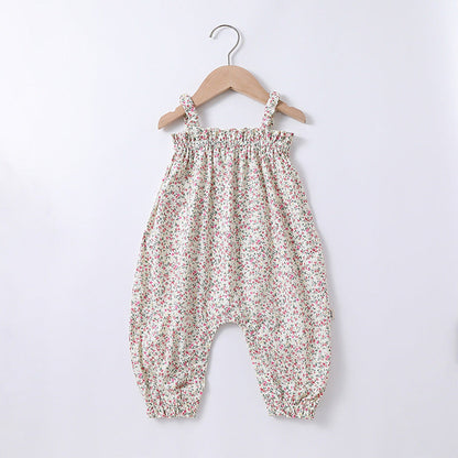MyKids-USA® Baby Girls Floral Printing Sleeveless Strap Romper And Hat Clothing Sets