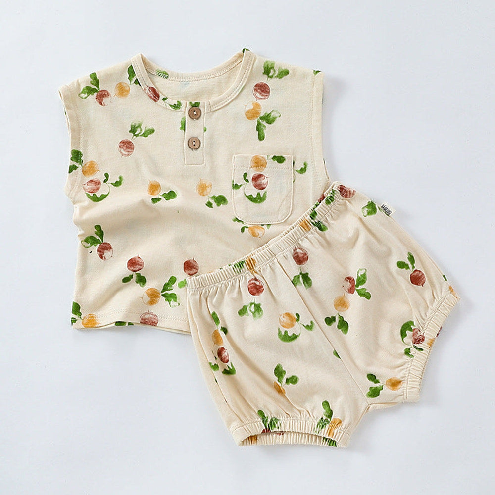 MyKids-USA® Summer Baby Kids Unisex Floral/Fruit Printing Sleeveless Crew Neck Vest And Shorts Clothing Sets