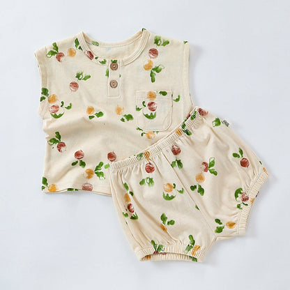 MyKids-USA® Summer Baby Kids Unisex Floral/Fruit Printing Sleeveless Crew Neck Vest And Shorts Clothing Sets