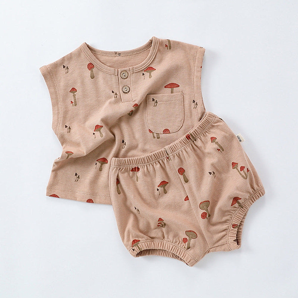 MyKids-USA® Summer Baby Kids Unisex Floral/Fruit Printing Sleeveless Crew Neck Vest And Shorts Clothing Sets