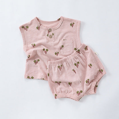 MyKids-USA® Summer Baby Kids Unisex Floral/Fruit Printing Sleeveless Crew Neck Vest And Shorts Clothing Sets