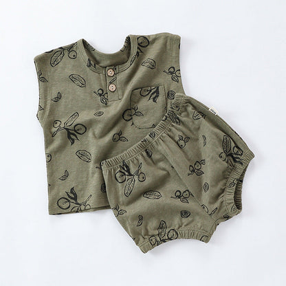 MyKids-USA® Summer Baby Kids Unisex Floral/Fruit Printing Sleeveless Crew Neck Vest And Shorts Clothing Sets