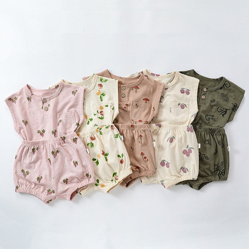 MyKids-USA® Summer Baby Kids Unisex Floral/Fruit Printing Sleeveless Crew Neck Vest And Shorts Clothing Sets
