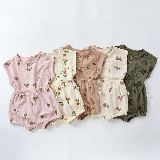 MyKids-USA® Summer Baby Kids Unisex Floral/Fruit Printing Sleeveless Crew Neck Vest And Shorts Clothing Sets
