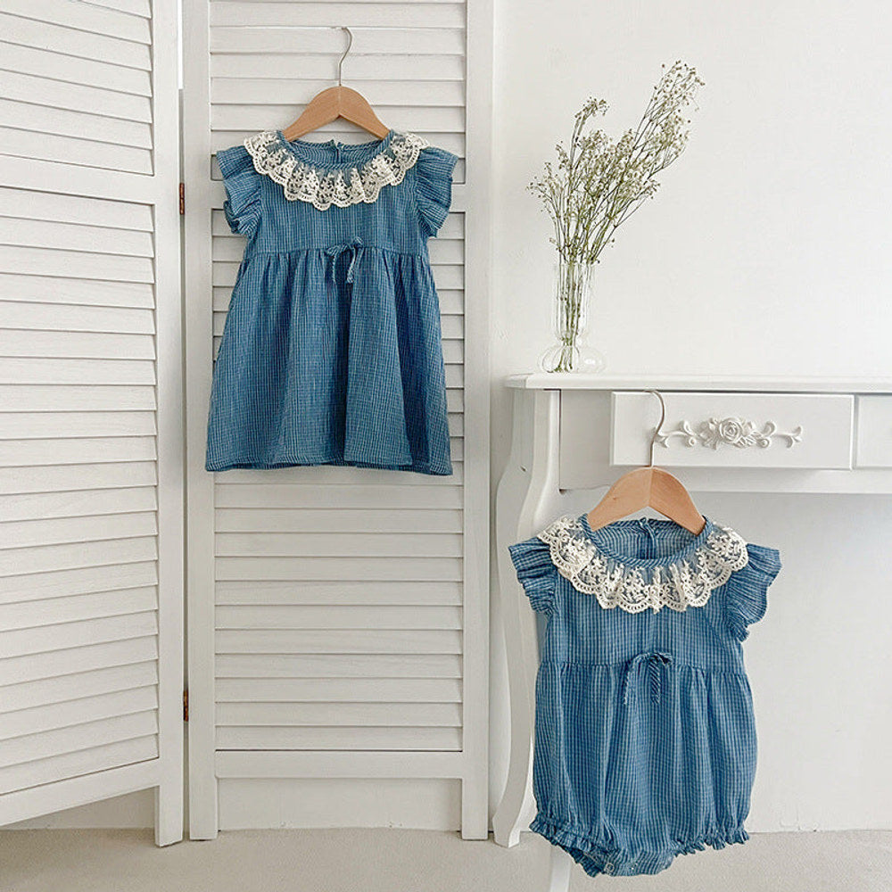 MyKids-USA® Girls Blue Plaid Noble Lace Floral Collar Fly Sleeves bodysuit And Dress – Princess Sister Matching Set