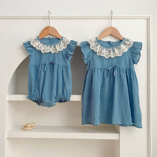 MyKids-USA® Girls Blue Plaid Noble Lace Floral Collar Fly Sleeves bodysuit And Dress – Princess Sister Matching Set
