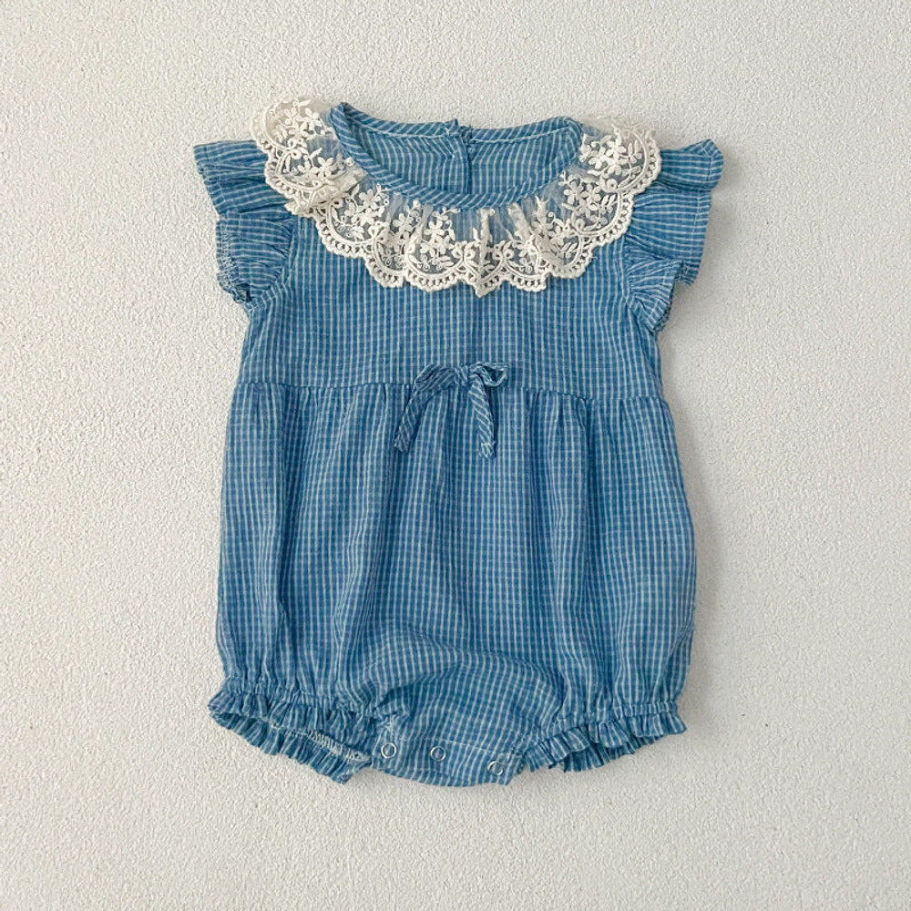 MyKids-USA® Girls Blue Plaid Noble Lace Floral Collar Fly Sleeves bodysuit And Dress – Princess Sister Matching Set
