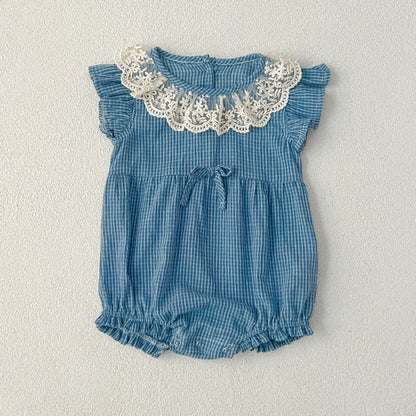 MyKids-USA® Girls Blue Plaid Noble Lace Floral Collar Fly Sleeves bodysuit And Dress – Princess Sister Matching Set