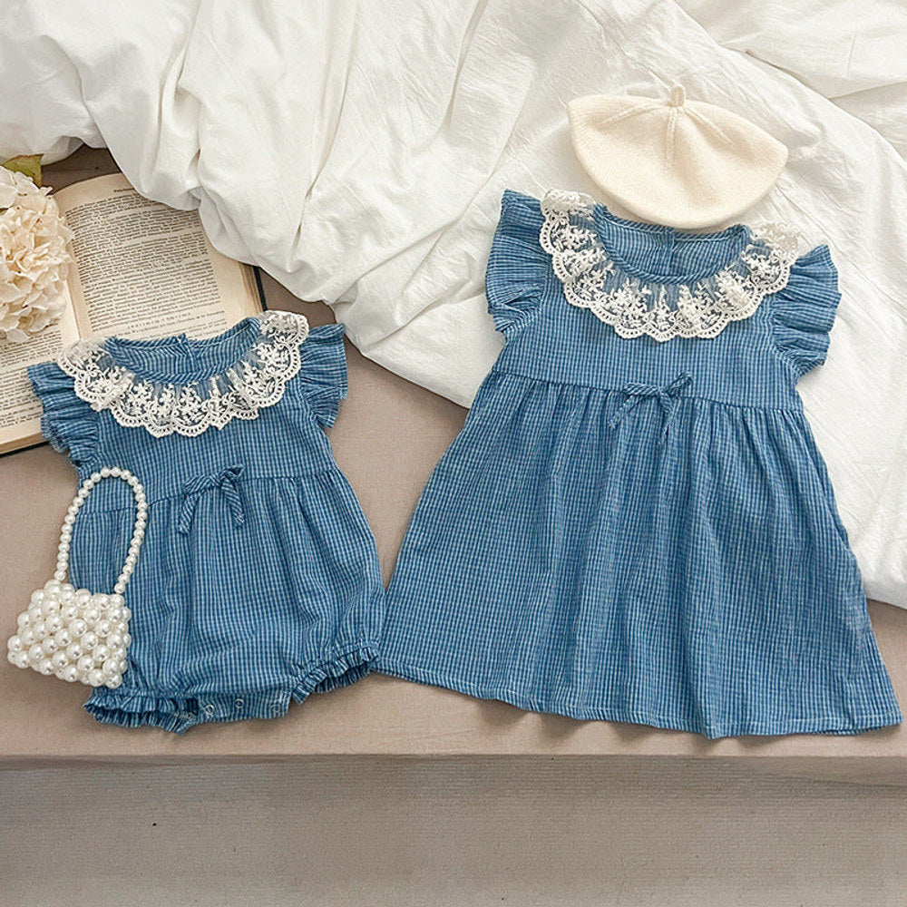 MyKids-USA® Girls Blue Plaid Noble Lace Floral Collar Fly Sleeves bodysuit And Dress – Princess Sister Matching Set