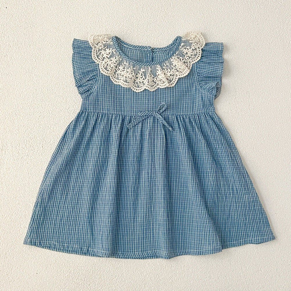 MyKids-USA® Girls Blue Plaid Noble Lace Floral Collar Fly Sleeves bodysuit And Dress – Princess Sister Matching Set
