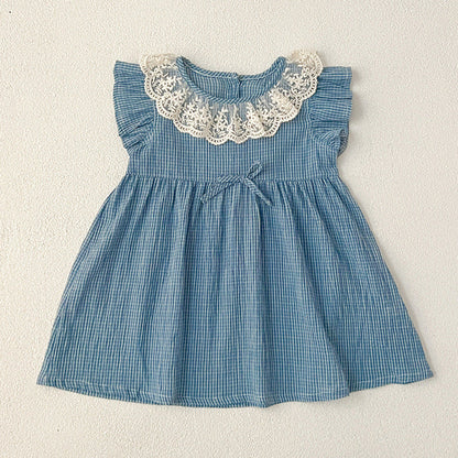 MyKids-USA® Girls Blue Plaid Noble Lace Floral Collar Fly Sleeves bodysuit And Dress – Princess Sister Matching Set