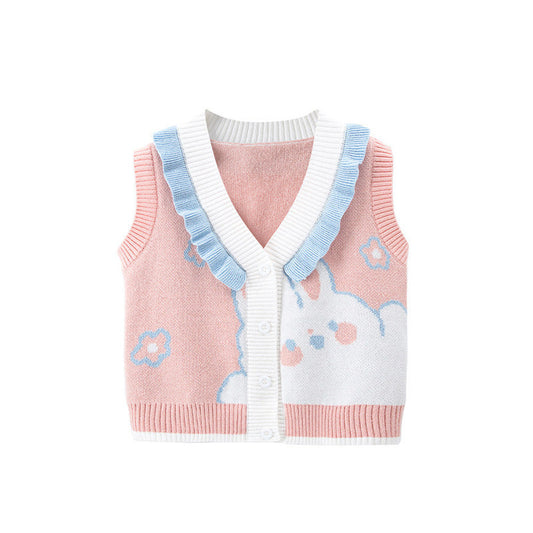 MyKids-USA® Baby Kids Girls Cartoon Rabbit Pattern V-Neck Design Knitwear Pink Soft Vest