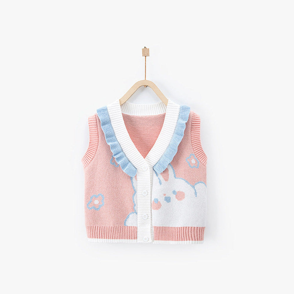 MyKids-USA® Baby Kids Girls Cartoon Rabbit Pattern V-Neck Design Knitwear Pink Soft Vest