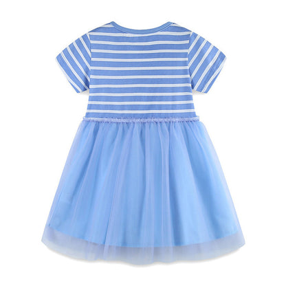 MyKids-USA® Girls Striped Applique Short Sleeves Blue Mesh Design Dress
