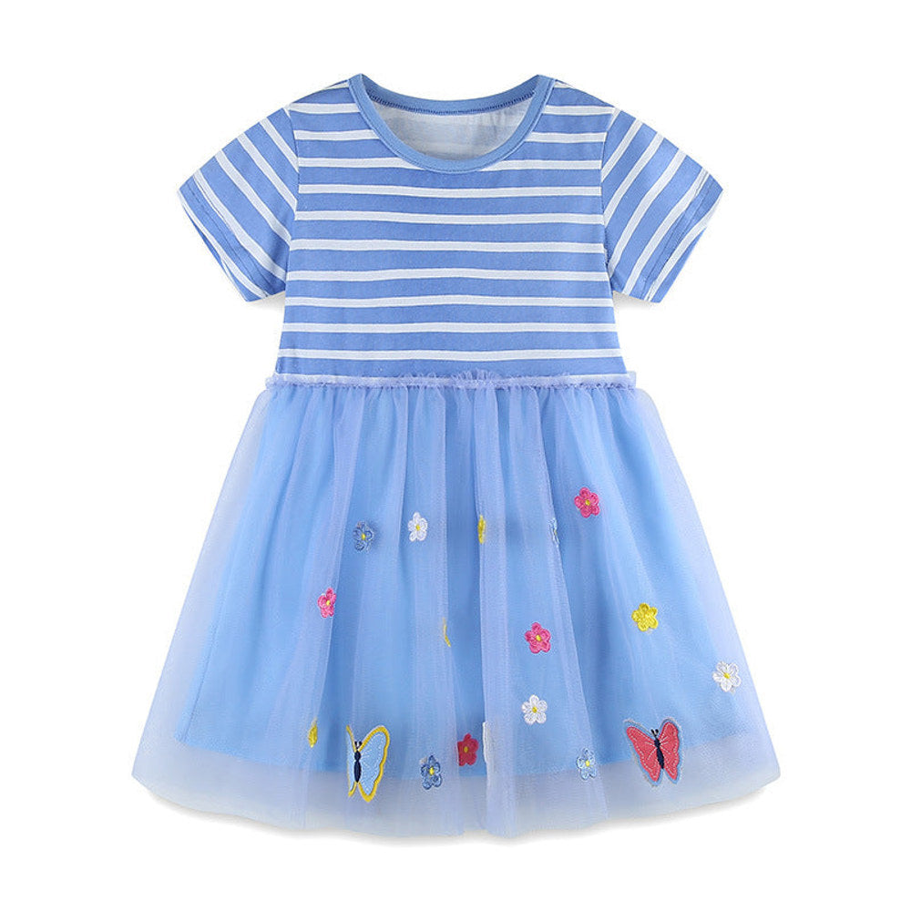 MyKids-USA® Girls Striped Applique Short Sleeves Blue Mesh Design Dress