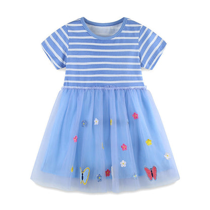 MyKids-USA® Girls Striped Applique Short Sleeves Blue Mesh Design Dress