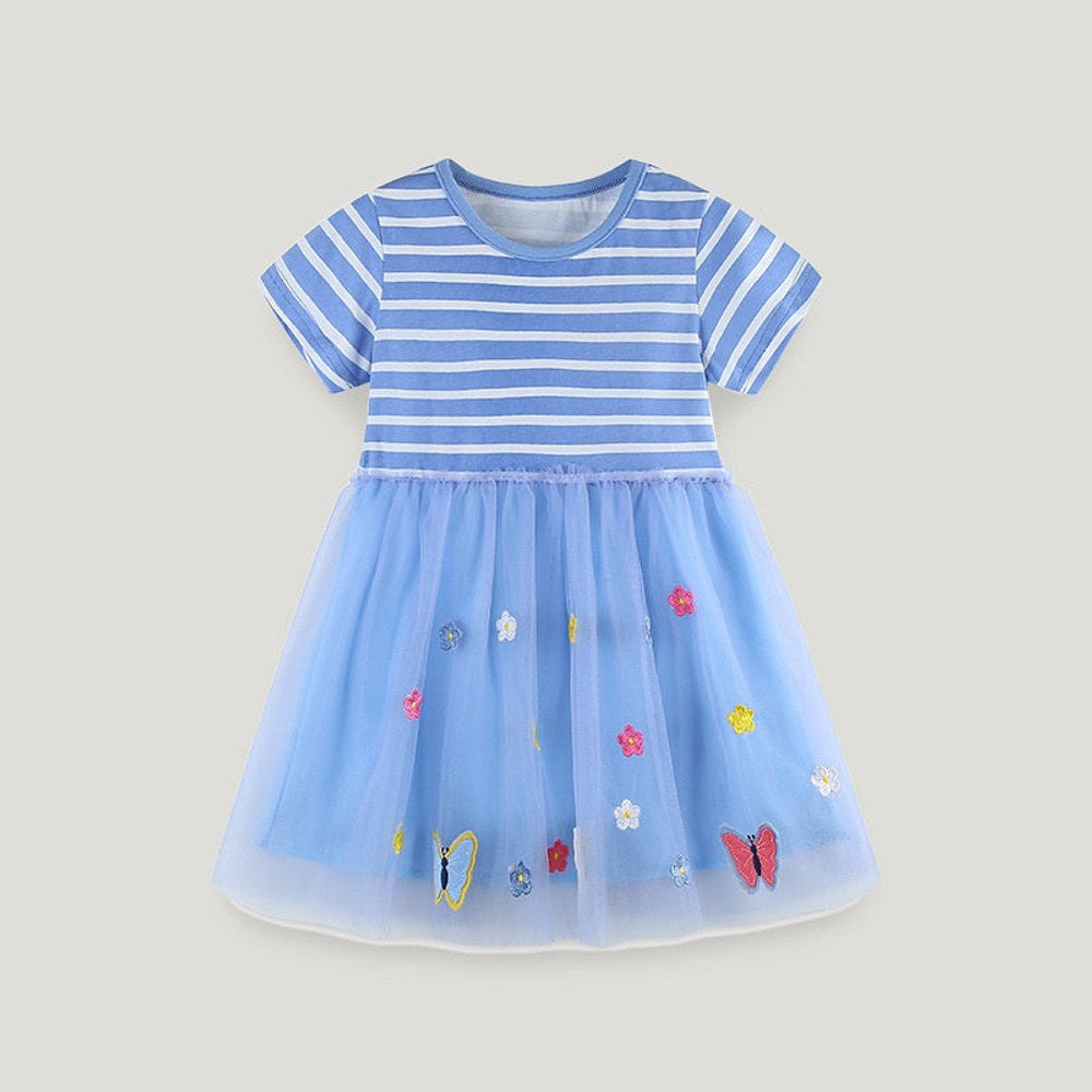 MyKids-USA® Girls Striped Applique Short Sleeves Blue Mesh Design Dress