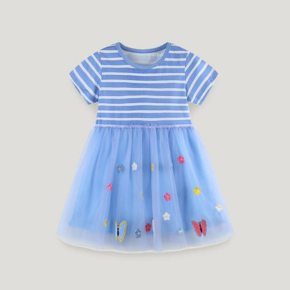 MyKids-USA® Girls Striped Applique Short Sleeves Blue Mesh Design Dress