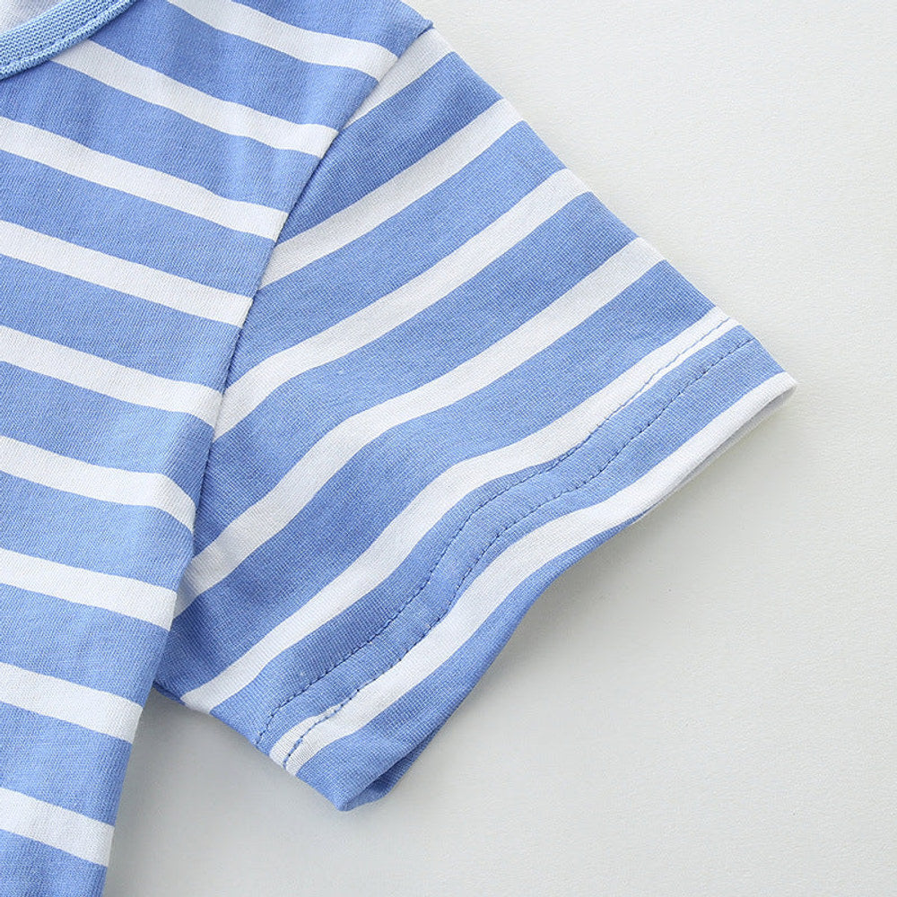 MyKids-USA® Girls Striped Applique Short Sleeves Blue Mesh Design Dress