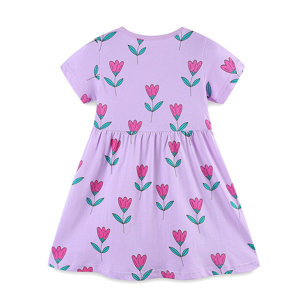 MyKids-USA® Girls’ Purple Flowers Pattern Short Sleeves Dress