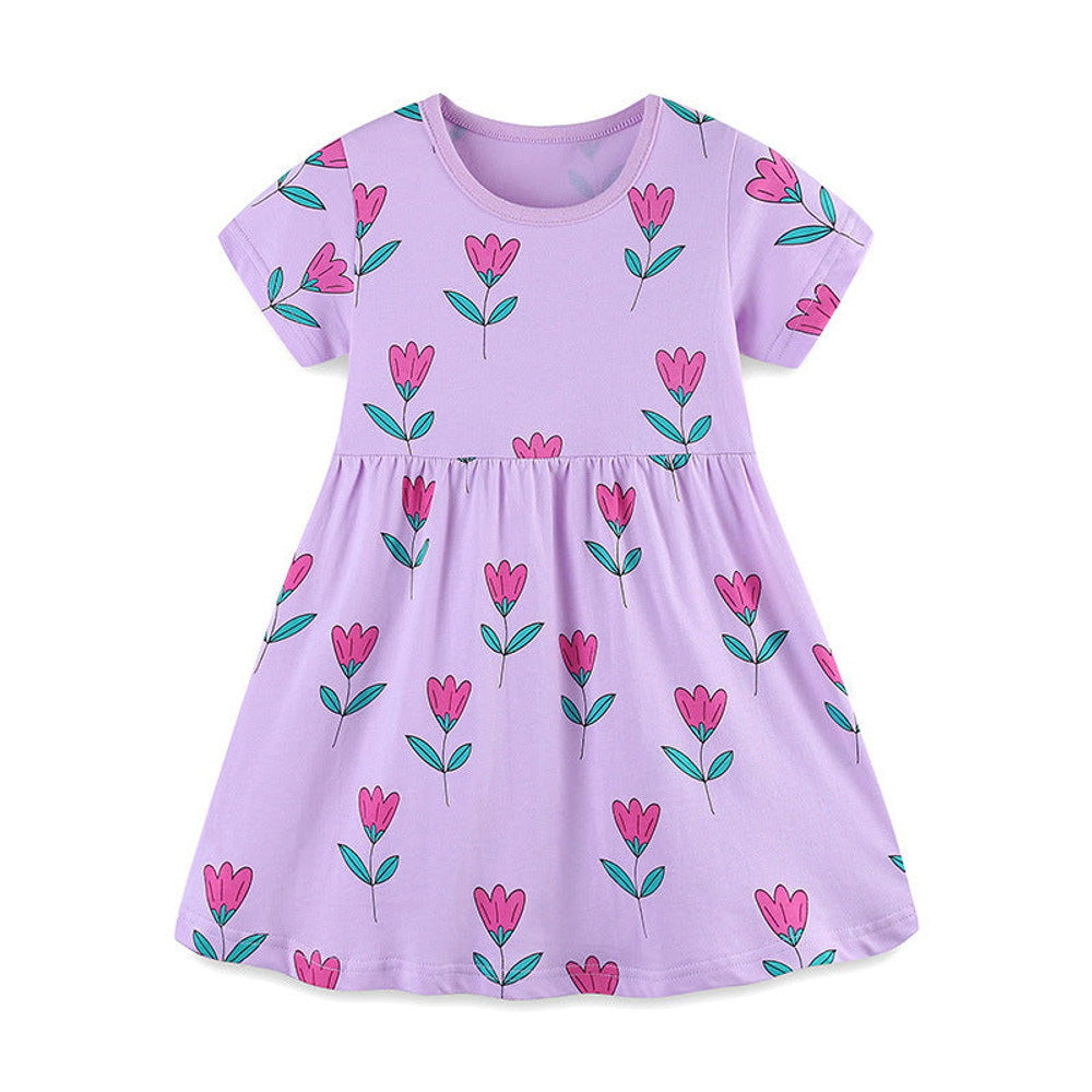 MyKids-USA® Girls’ Purple Flowers Pattern Short Sleeves Dress