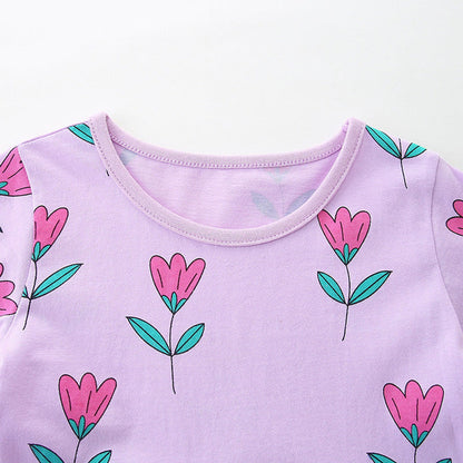 MyKids-USA® Girls’ Purple Flowers Pattern Short Sleeves Dress
