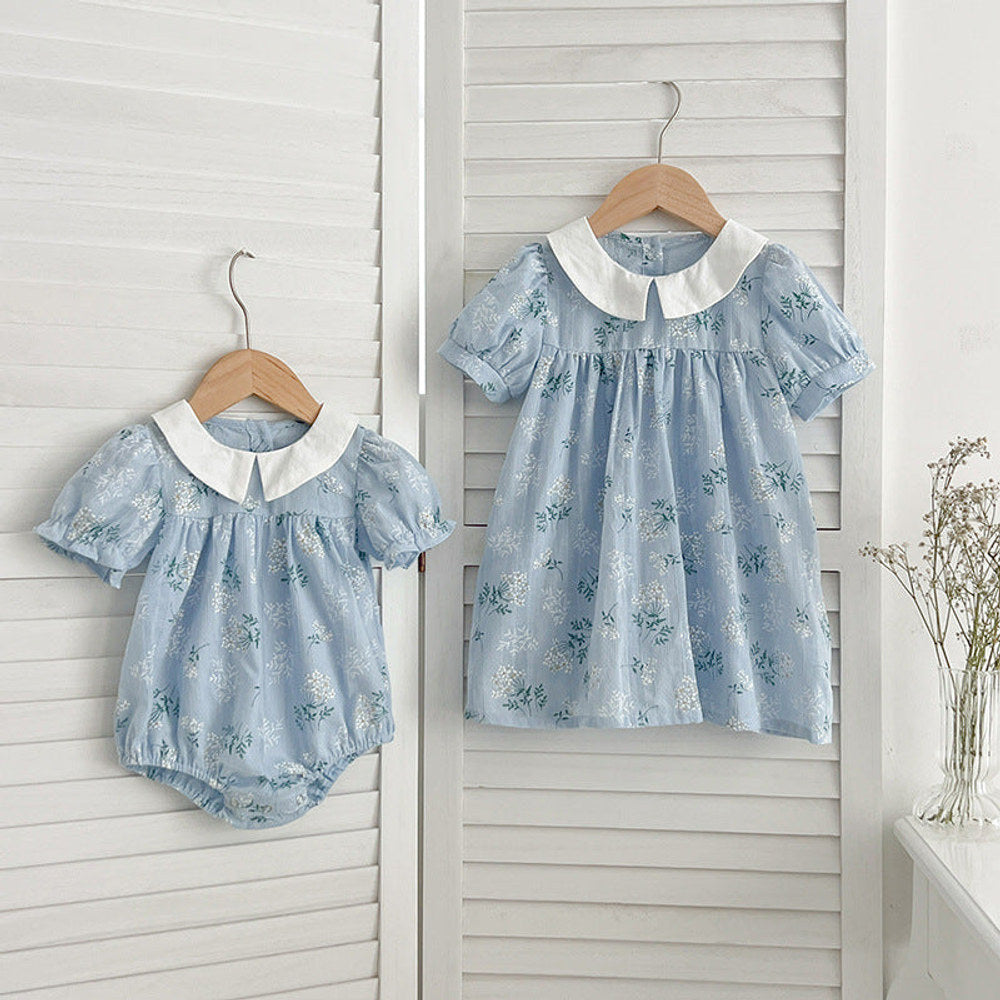 MyKids-USA® Arrival Summer Girls Peter Pan Collar Short Sleeves bodysuit And Dress – Princess Sister Matching Set