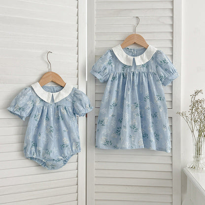 MyKids-USA® Arrival Summer Girls Peter Pan Collar Short Sleeves bodysuit And Dress – Princess Sister Matching Set