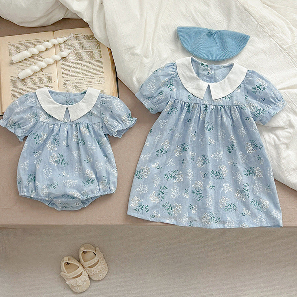MyKids-USA® Arrival Summer Girls Peter Pan Collar Short Sleeves bodysuit And Dress – Princess Sister Matching Set