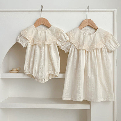 MyKids-USA® Girls Solid Color Simple Floral Embroidery Big Collar bodysuit And Dress – Princess Sister Matching Set