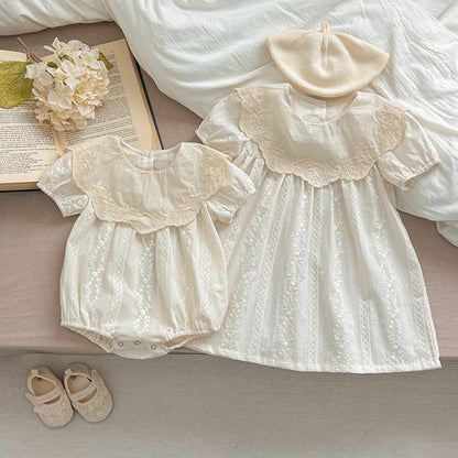 MyKids-USA® Girls Solid Color Simple Floral Embroidery Big Collar bodysuit And Dress – Princess Sister Matching Set