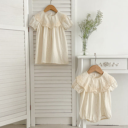 MyKids-USA® Girls Solid Color Simple Floral Embroidery Big Collar bodysuit And Dress – Princess Sister Matching Set