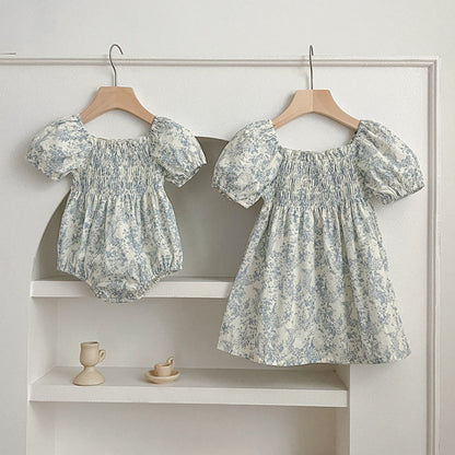 MyKids-USA® Design Girls Square Neck Short Puff Sleeves Floral Print bodysuit And Dress – Princess Sister Matching Set