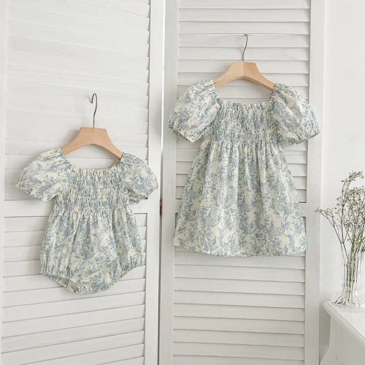 MyKids-USA® Design Girls Square Neck Short Puff Sleeves Floral Print bodysuit And Dress – Princess Sister Matching Set