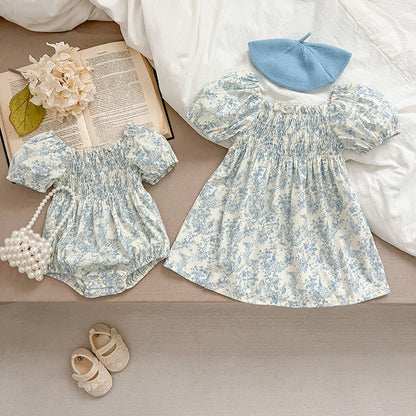 MyKids-USA® Design Girls Square Neck Short Puff Sleeves Floral Print bodysuit And Dress – Princess Sister Matching Set