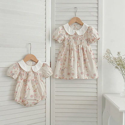 MyKids-USA® Girls Peter Pan Collar Short Sleeves Floral Print bodysuit And Dress – Princess Sister Matching Set