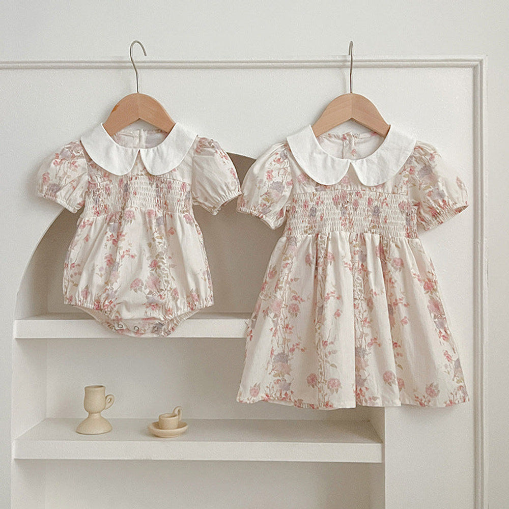 MyKids-USA® Girls Peter Pan Collar Short Sleeves Floral Print bodysuit And Dress – Princess Sister Matching Set