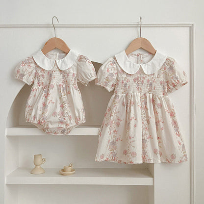 MyKids-USA® Girls Peter Pan Collar Short Sleeves Floral Print bodysuit And Dress – Princess Sister Matching Set