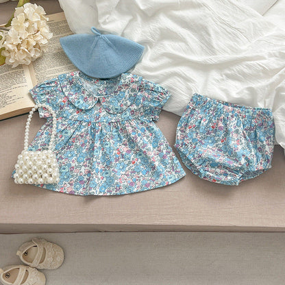 Summer Baby Kids Girls Floral Print Short Sleeves Top And Bloomers