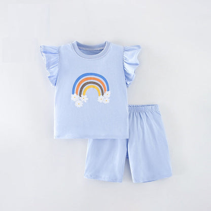 MyKids-USA® Baby Kids Girls Floral Rainbow Print T-Shirt And Shorts Clothing Set